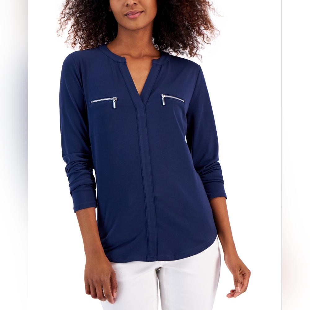 NWT, INC International Concepts Women's Deep Blue Zip-Pocket Blouse - Size M